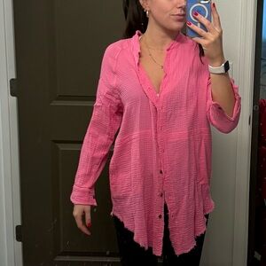 Pink Crinkle Button-Up Coverup